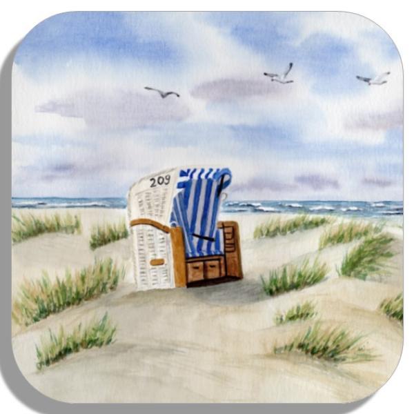 Untersetzer Glasuntersetzer 9,5 x 9,5 cm Aquarell Kunst Maritim Druck Kunstdruck Strandkorb Sylt Nordsee Meer Möwe Strand Dünen